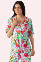 A Lady Wearing Dakota Cropped Knit Pj Set In Rainforest Escape facing front with a close up view