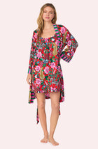 A lady wearing Remi Knit Robe And Chemise Set In Scarlet Safari