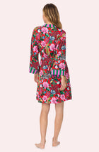 A lady wearing Remi Knit Robe And Chemise Set In Scarlet Safari