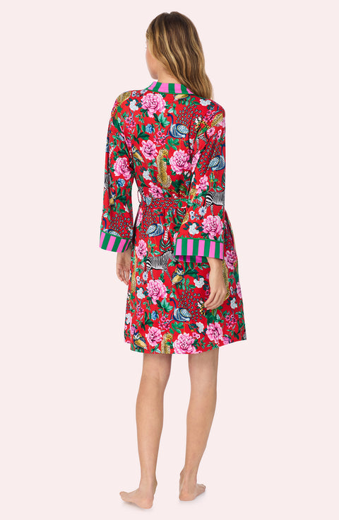 A lady wearing Remi Knit Robe And Chemise Set In Scarlet Safari