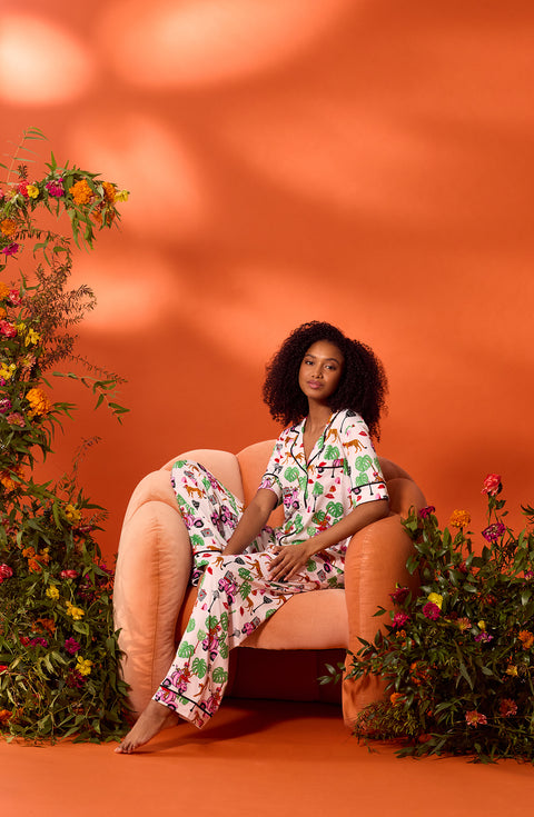 A lady wearing Sienna Long Knit Pj Set In Wild Ride