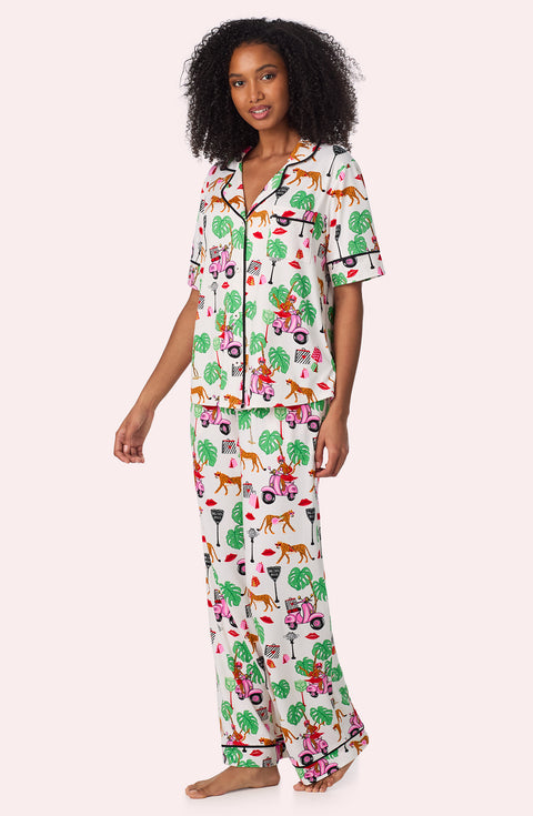 A lady wearing Sienna Long Knit Pj Set In Wild Ride Side view