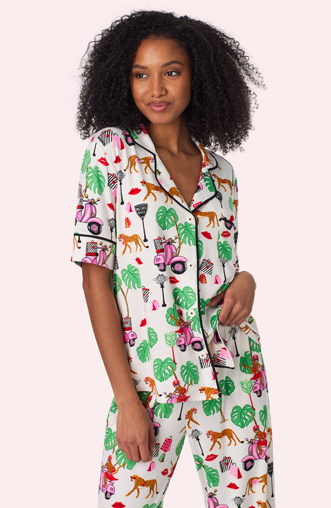 A lady wearing Sienna Long Knit Pj Set In Wild Ride Close up view