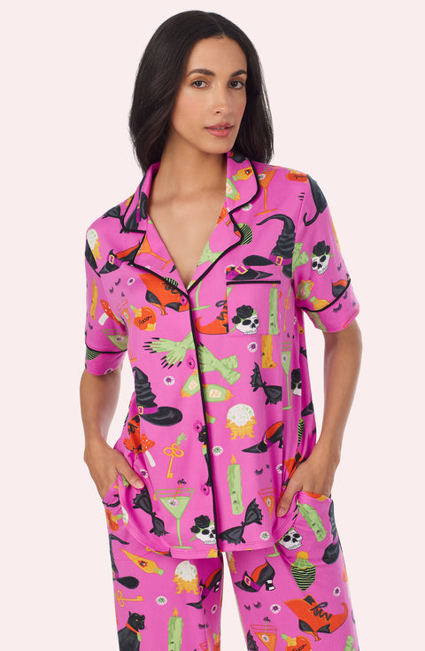 A Lady Wearing Sienna Long Knit Pj Set In Potion Commotion in a half close up shot