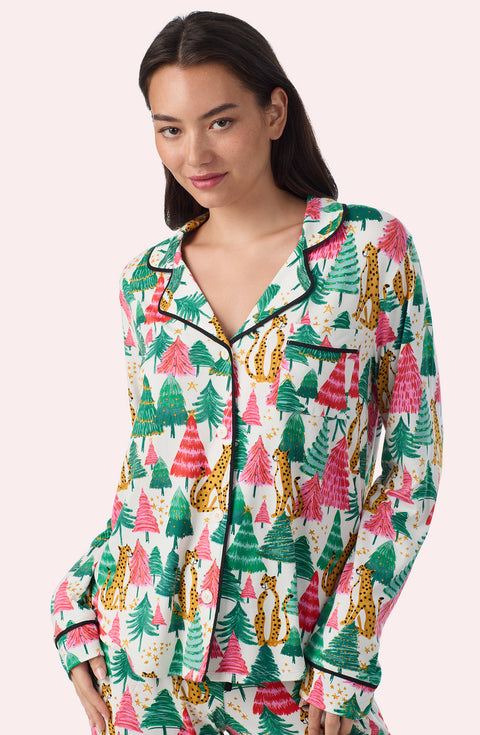 A Lady Wearing Collette Knit Pj Set In Jolly Jungle in a front view closer look