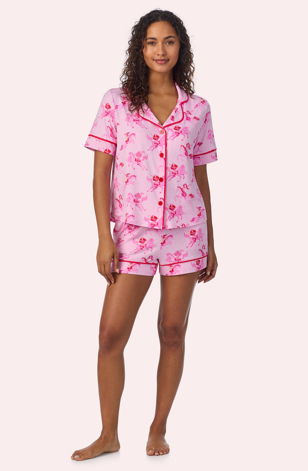 A lady wearing Arizona Short Knit Pj Set In Cowgirl Sweetheart
