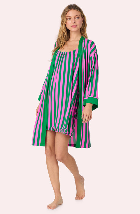 A lady wearing Remi Knit Robe And Chemise Set In Fuchsia And Fern