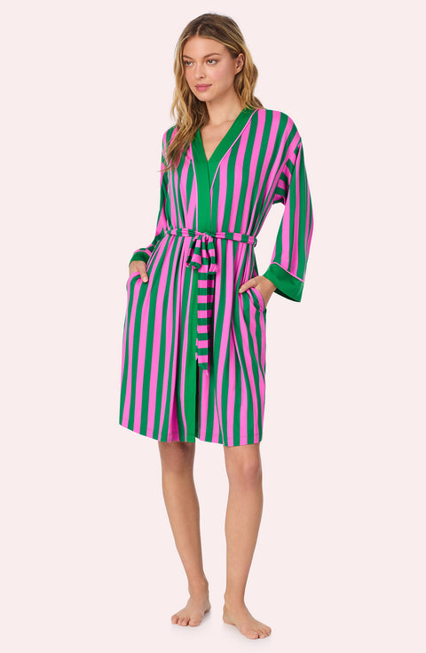 A lady wearing Remi Knit Robe And Chemise Set In Fuchsia And Fern