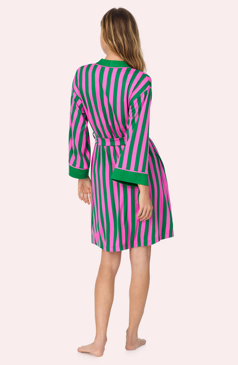 A lady wearing Remi Knit Robe And Chemise Set In Fuchsia And Fern