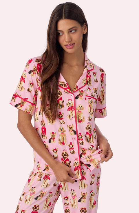 A lady wearing Arizona Long Knit Pj Set In Posh Pups