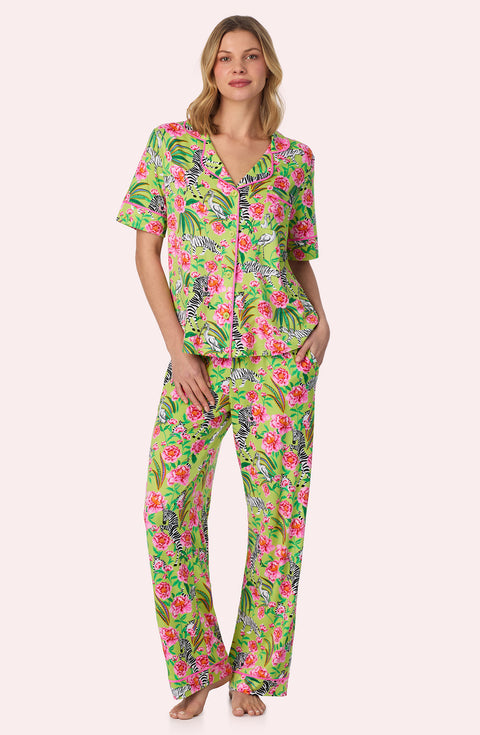 A lady wearing Sienna Long Knit Pj Set In Zebra Oasis Front view