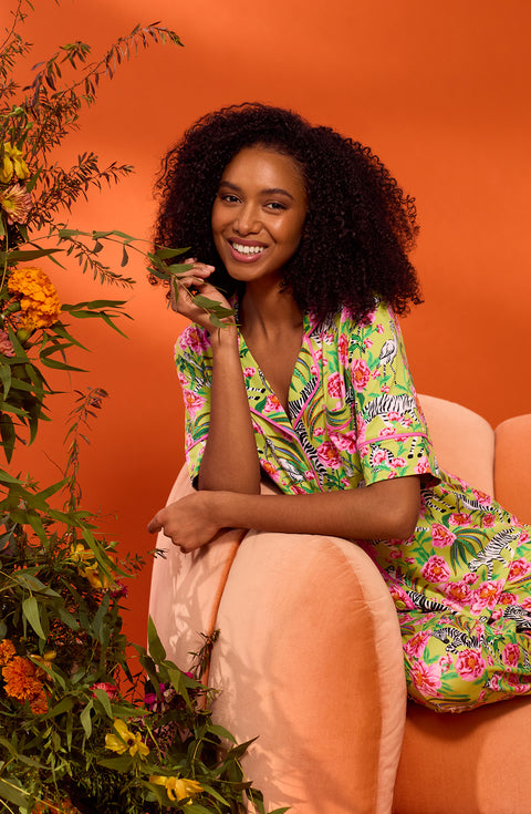 A lady wearing Sienna Long Knit Pj Set In Zebra Oasis