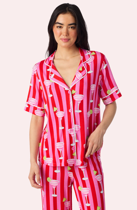 A Lady Wearing Dakota Cropped Knit Pj Set In On The Rocks posing front close up view