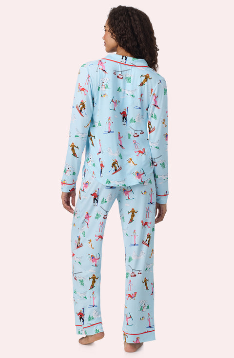 A Lady Wearing Collette Knit Pj Set In Champagne Slopes in a back view pose
