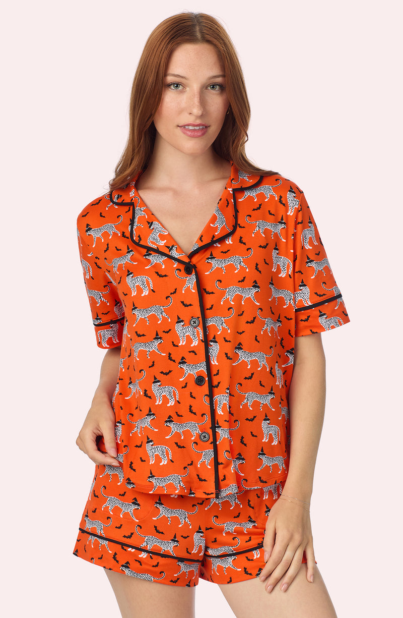 A lady wearing Arizona Short Knit Pj Set In Spooky Season