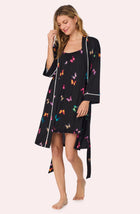 A lady wearing Remi Knit Robe And Chemise Set In Midnight Butterfly