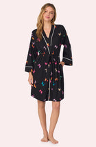 A lady wearing Remi Knit Robe And Chemise Set In Midnight Butterfly