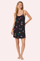 A lady wearing Remi Knit Robe And Chemise Set In Midnight Butterfly