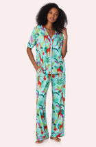 A lady wearing Sienna Long Knit Pj Set In Jungle Glow Front view
