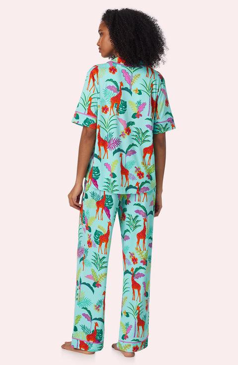 A lady wearing Sienna Long Knit Pj Set In Jungle Glow Back view