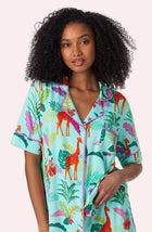 A lady wearing Sienna Long Knit Pj Set In Jungle Glow Close up view