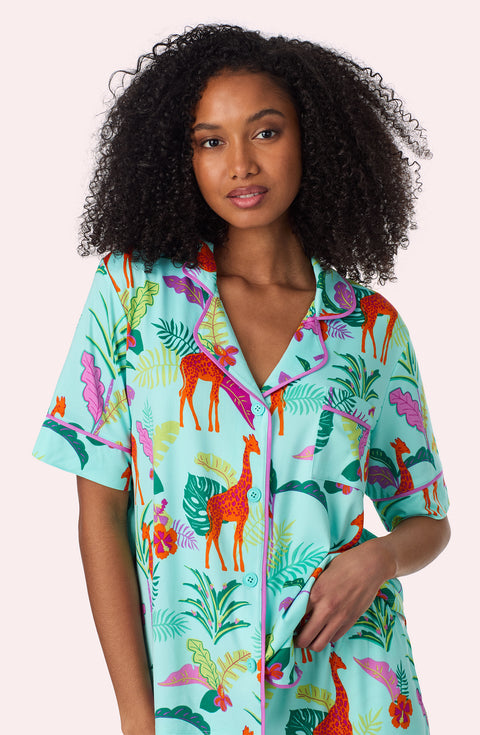 A lady wearing Sienna Long Knit Pj Set In Jungle Glow Close up view