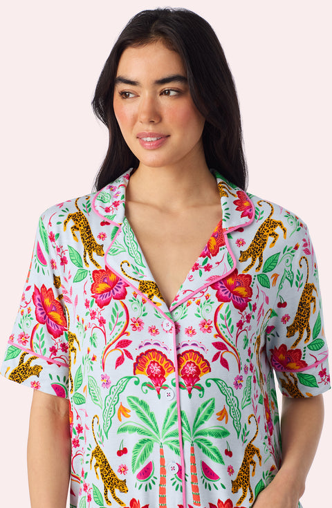 A Lady Wearing Dakota Short Knit Pj Set In Rainforest Escape facing front with a close up view