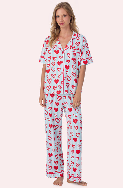 A lady wearing Arizona Long Knit Pj Set In Baby Blue Valentine