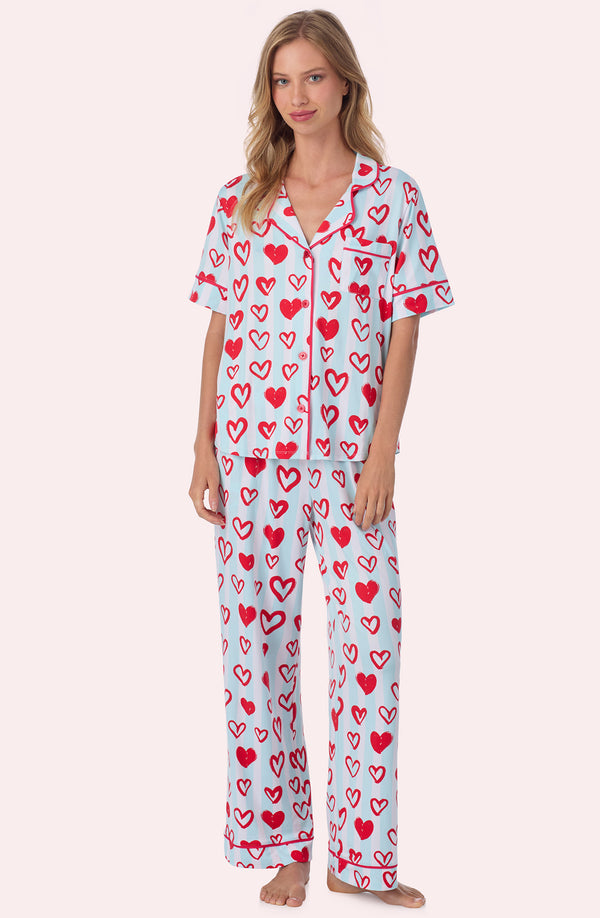 A lady wearing Arizona Long Knit Pj Set In Baby Blue Valentine