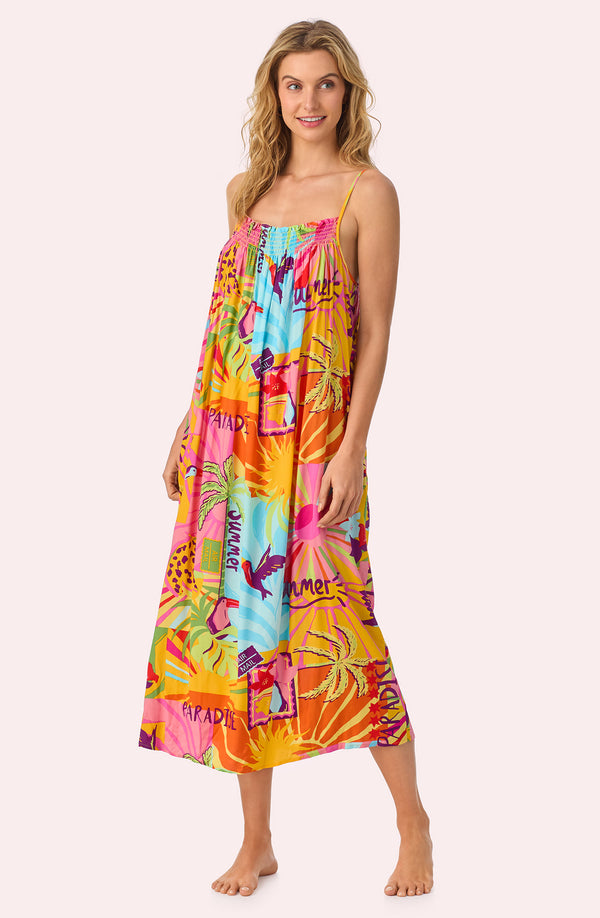 A lady wearing Charlie Woven Chemise In Sunset Greeting