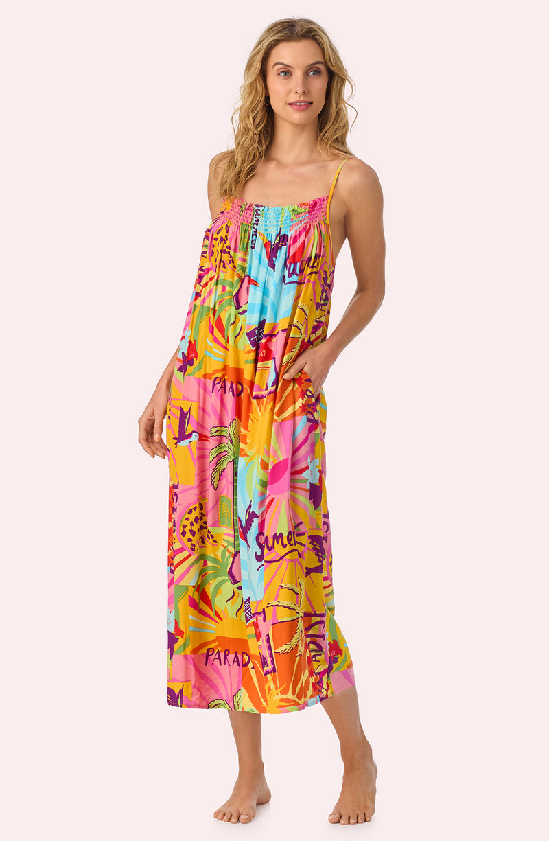 A lady wearing Charlie Woven Chemise In Sunset Greeting