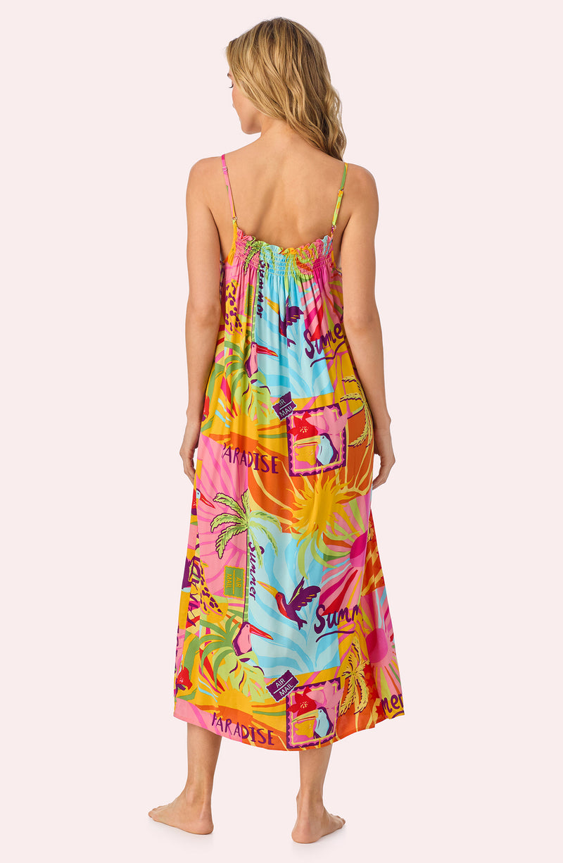 A lady wearing Charlie Woven Chemise In Sunset Greeting