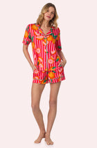 A lady wearing Sienna Short Knit Pj Set In Citrus Stripe Front view