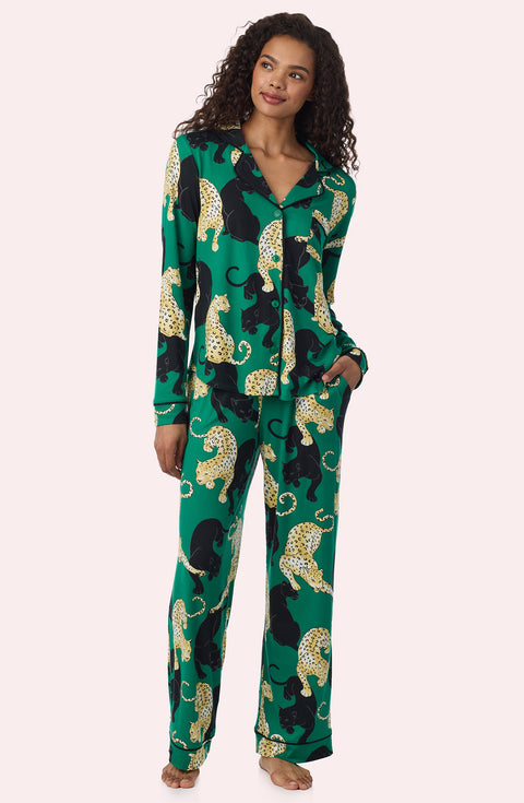 A Lady Wearing Collette Knit Pj Set In Panthera Glam