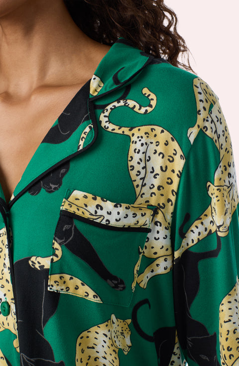 A Lady Wearing Collette Knit Pj Set In Panthera Glam in a front view detail close up look