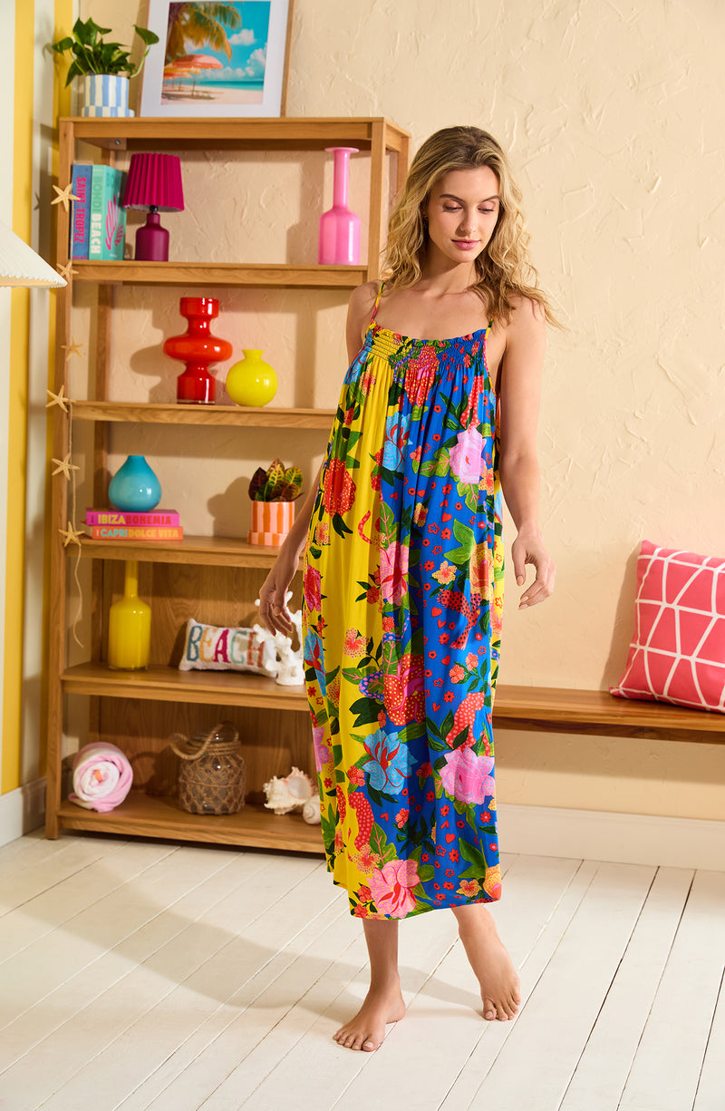 A lady wearing Charlie Woven Chemise In Paradise Vacay