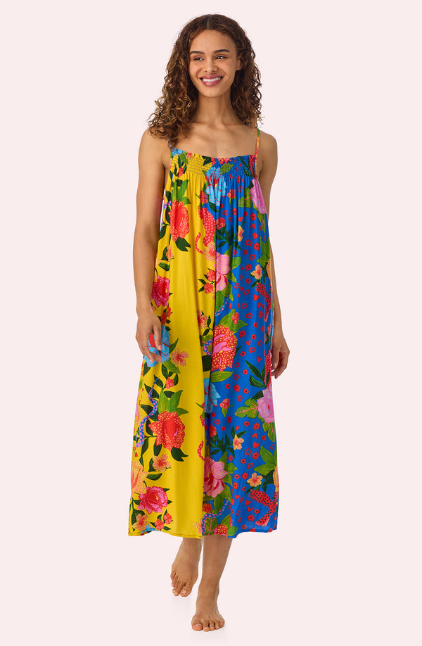 A lady wearing Charlie Woven Chemise In Paradise Vacay