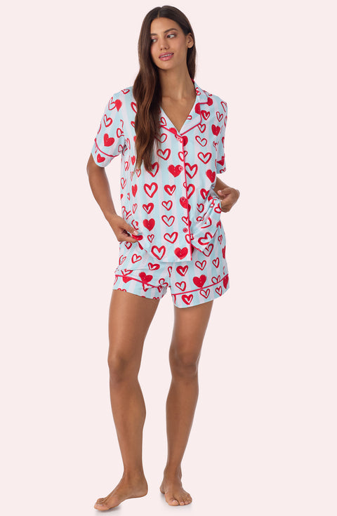 A lady wearing Arizona Short Knit Pj Set In Baby Blue Valentine