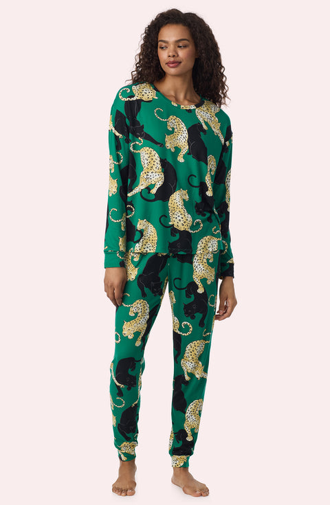 A Lady Wearing Stevie Knit Pj Set In Panthera Glam