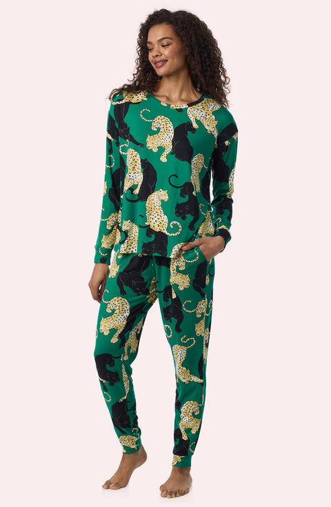 A Lady Wearing Stevie Knit Pj Set In Panthera Glam in a front view, side angle pose