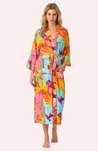 A lady wearing Erica Woven Robe In Sunset Greeting