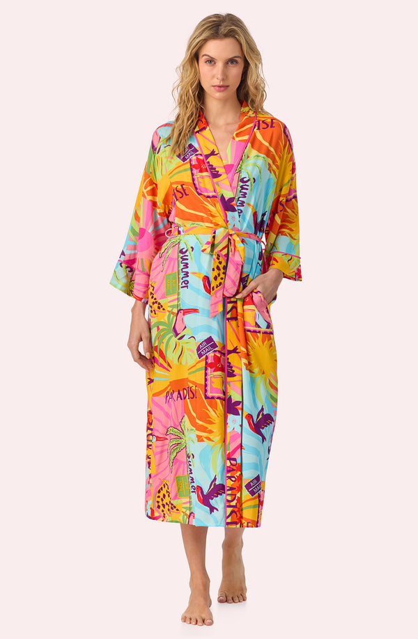 A lady wearing Erica Woven Robe In Sunset Greeting