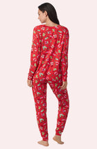 A Lady Wearing Stevie Knit Pj Set In Country Claus in a back view pose