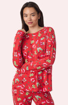 A Lady Wearing Stevie Knit Pj Set In Country Claus in a front view closer look