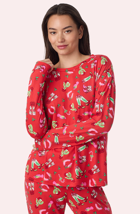 A Lady Wearing Stevie Knit Pj Set In Country Claus in a front view closer look