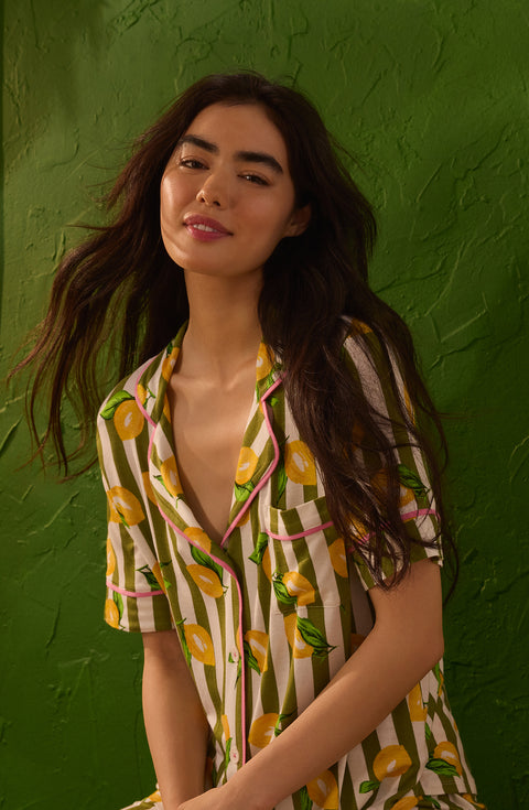 A Lady Wearing Dakota Long Knit Pj Set In Lemonade Stand Stripe facing front with a close up view