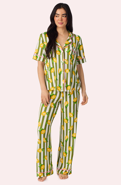 A Lady Wearing Dakota Long Knit Pj Set In Lemonade Stand Stripe facing front view