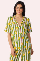 A Lady Wearing Dakota Long Knit Pj Set In Lemonade Stand Stripe facing front with a close up view