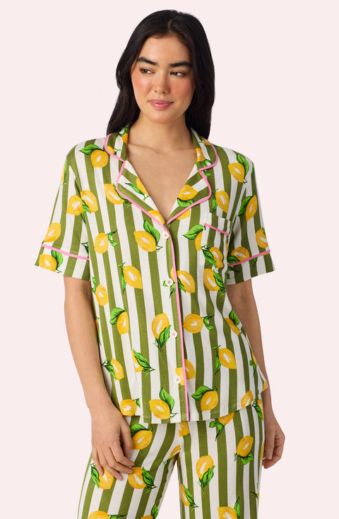A Lady Wearing Dakota Long Knit Pj Set In Lemonade Stand Stripe facing front with a close up view