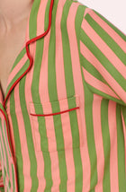 A Lady Wearing Stella Knit Pj Set In Stripes & Stems showing a detail close up view